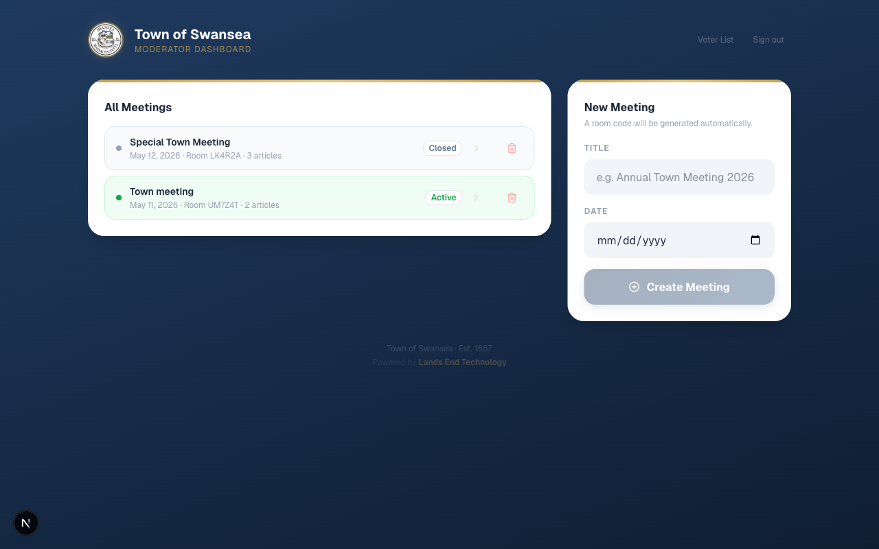 Moderator dashboard showing meetings list with status
