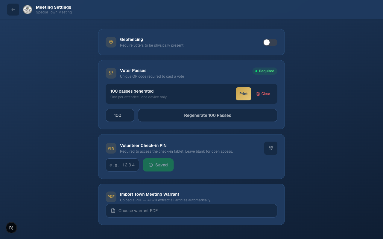 Settings panel showing voter passes generated with one-device-only restriction