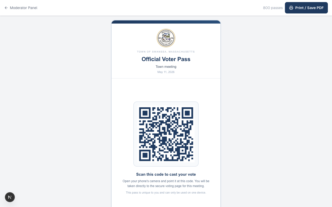 A single Official Voter Pass with QR code