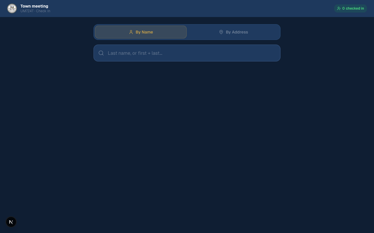 Volunteer check-in tablet showing voter search